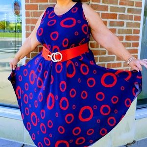 NEW NWOT Tamsy Blue & Red Umbrella Maxi Dress Fits (1X-3X)